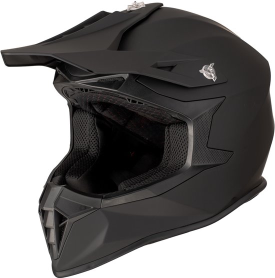 Casque cross Vinz noir mat, vue intérieure avec doublure en mesh et coutures rouges.