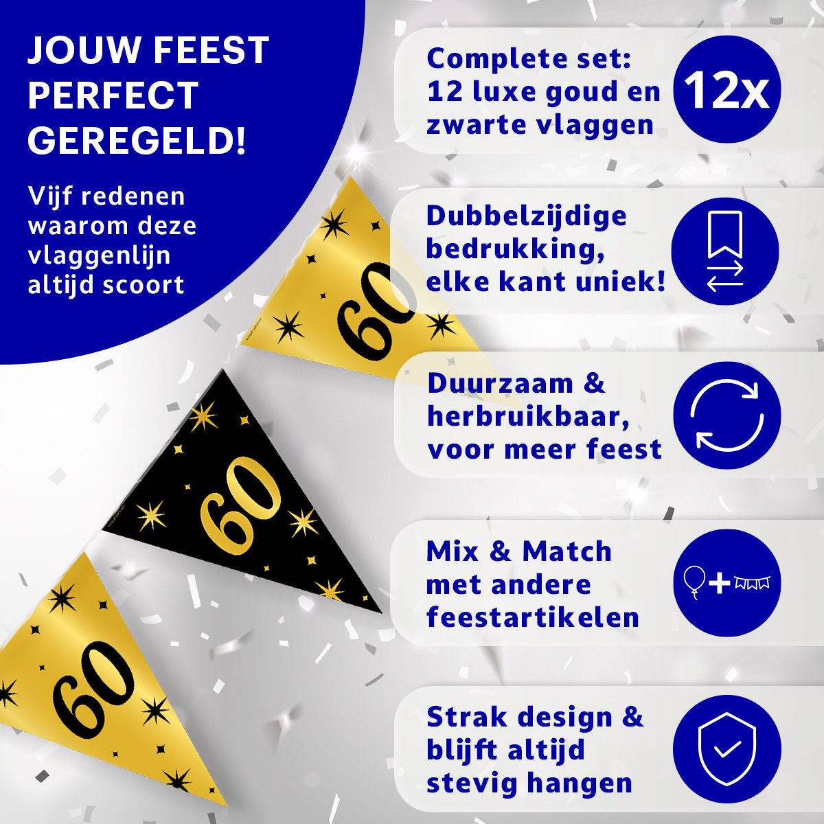 BTH - Slingers - 60 Jaar - Goud en Zwart - Slingers Verjaardag - Vlaggenlijn - 60 Jaar Verjaardag - Versiering - 1 Stuk — afbeelding 4
