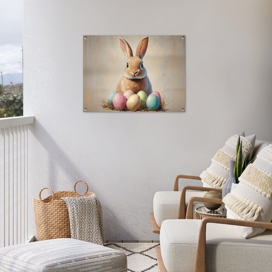 Tuinposter 80x60 cm - Tuindecoratie Paashaas - Pastel - Eieren - Poster voor in de tuin - Buiten decoratie - Schutting tuinschilderij - Tuindoek muurdecoratie - Wanddecoratie balkondoek - Pasen - Paasdecoratie - Paas versiering