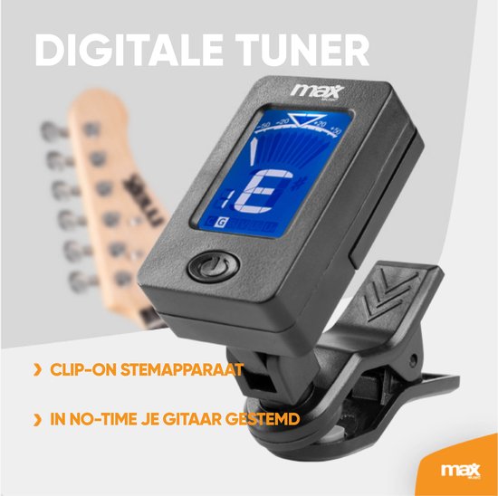 Digitale gitaarstemmer met clip-on bevestiging en blauw scherm.