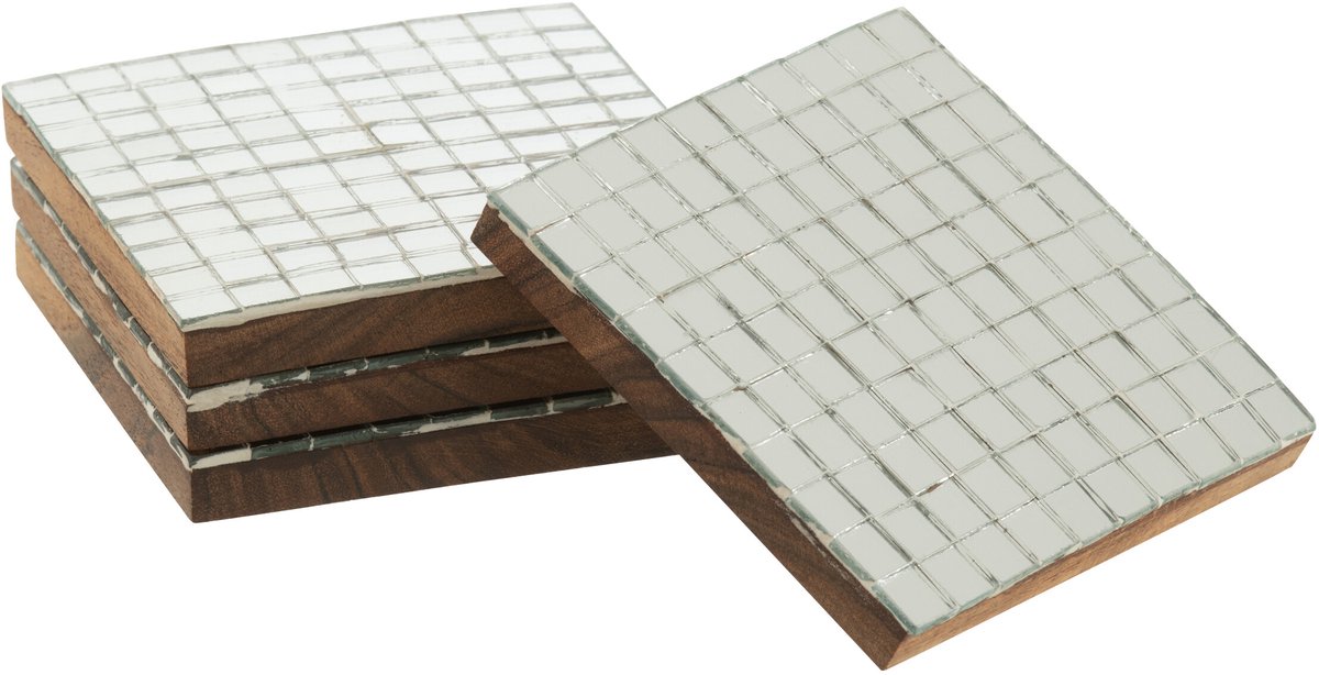 J-Line onderzetter Mozaïek - hout - zilver - doos van 4