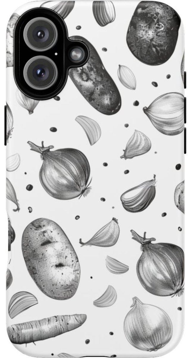 Zwart-Wit Groentenpatroon – Telefoonhoesje Geschikt voor iPhone 16 Plus