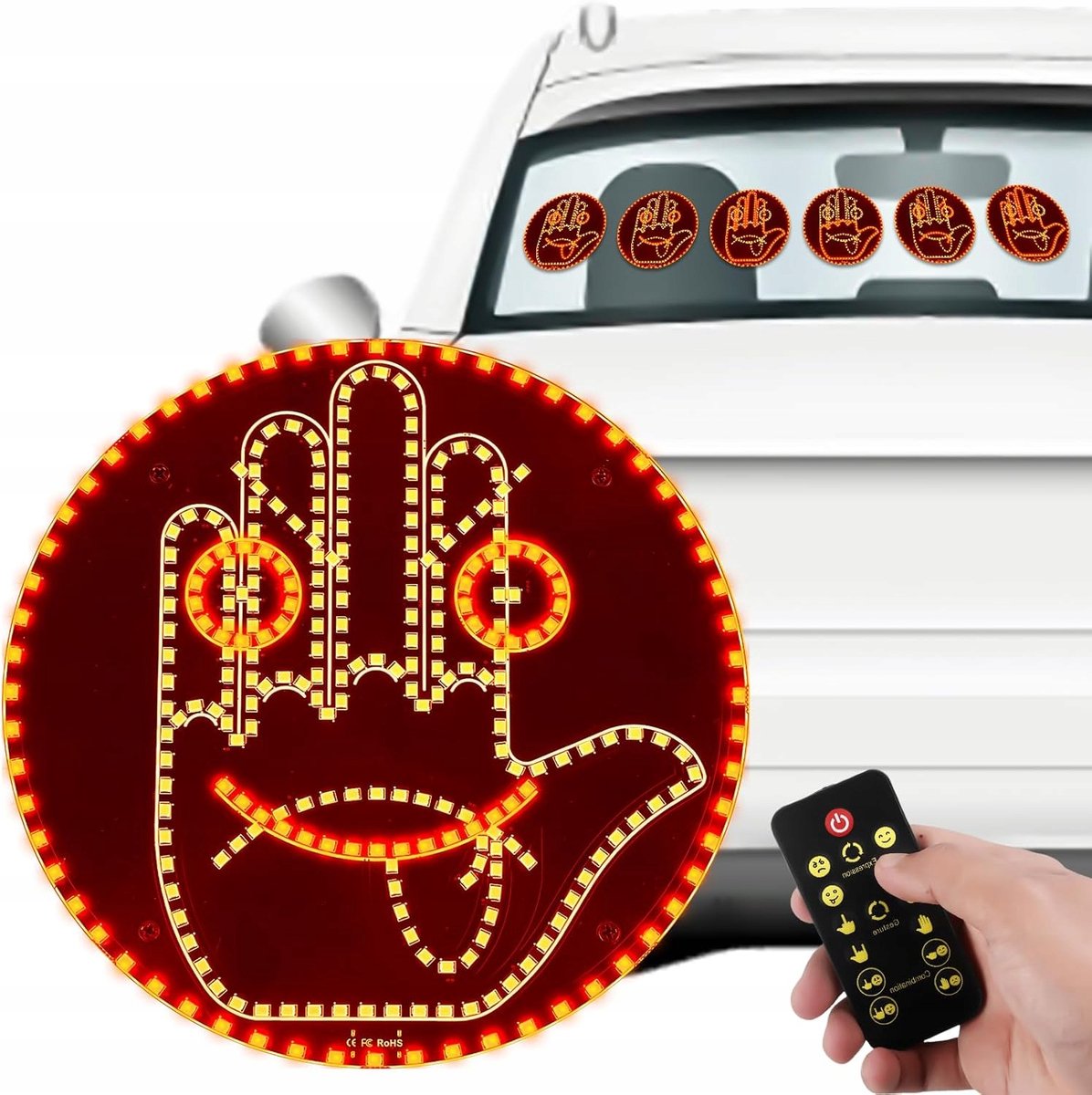 Auto LED-signaallamp - met 4 vingerstanden en 4 expressiestanden - met afstandsbediening - DIY-ontwerp voor auto's - Geschikt voor de achterruit van auto's