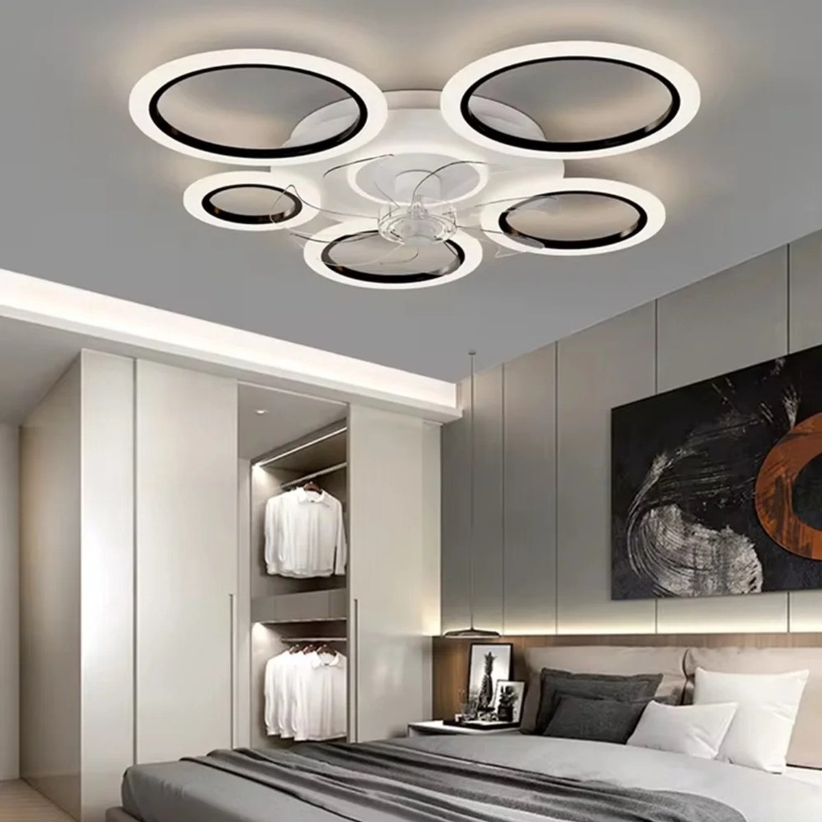 Plafondventilator - Met Verlichting - Ringen - Moderne Plafondventilator Verlichting - Plafond Ventilator Lamp - 5 Cirkels - Met Afstandsbediening - Dimbaar - Zwart - Wit
