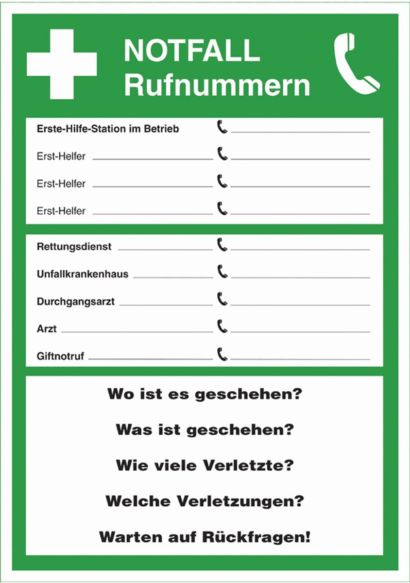 LEINA-WERKE waarschuwingsbord Noodnummers, groen/wit, 210×297 mm, Hart-PVC