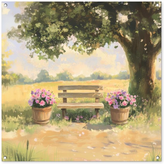 Affiche de jardin 100x100 cm - Décoration de jardin Banc en bois - Pots de fleurs - Paysage - Affiche pour le jardin - Décoration extérieure - Tableau de jardin clôture - Décoration murale sur toile de jardin - Décoration murale sur toile de balcon