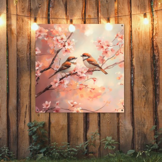 Affiche de jardin 100x100 cm - Décoration de jardin Vogels - Romantique - Branche fleurie - Affiche pour le jardin - Décoration extérieure - Tableau de jardin clôture - Décoration murale sur toile de jardin - Décoration murale sur toile de balcon