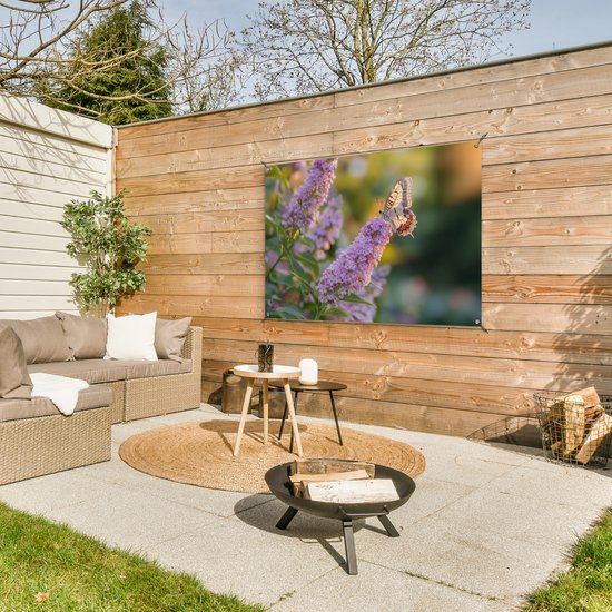 Affiche de jardin 120x80 cm - Décoration de jardin décorative - Papillon - Violet - Fleurs - Affiche pour le jardin - Décoration extérieure - Tableau de jardin clôture - Décoration murale en tissu de jardin - Décoration murale en tissu de balcon