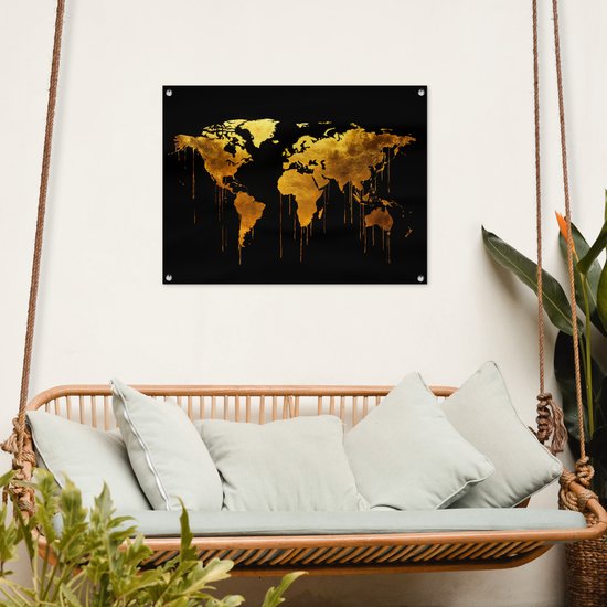 Tuinposter 80x60 cm - Tuindecoratie Wereldkaart - Goud - Druipen - Zwart - Poster voor in de tuin - Buiten decoratie - Schutting tuinschilderij - Tuindoek muurdecoratie - Wanddecoratie balkondoek