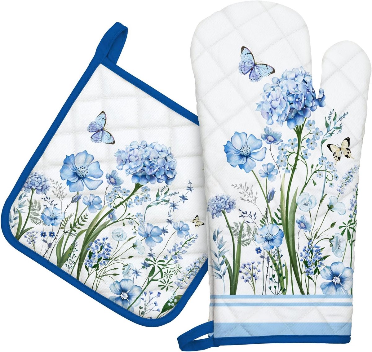 Hittebestendige Ovenwant en Pannenlappen Set van 2 – 100% Katoen, Blauw Design voor Koken en Bakken