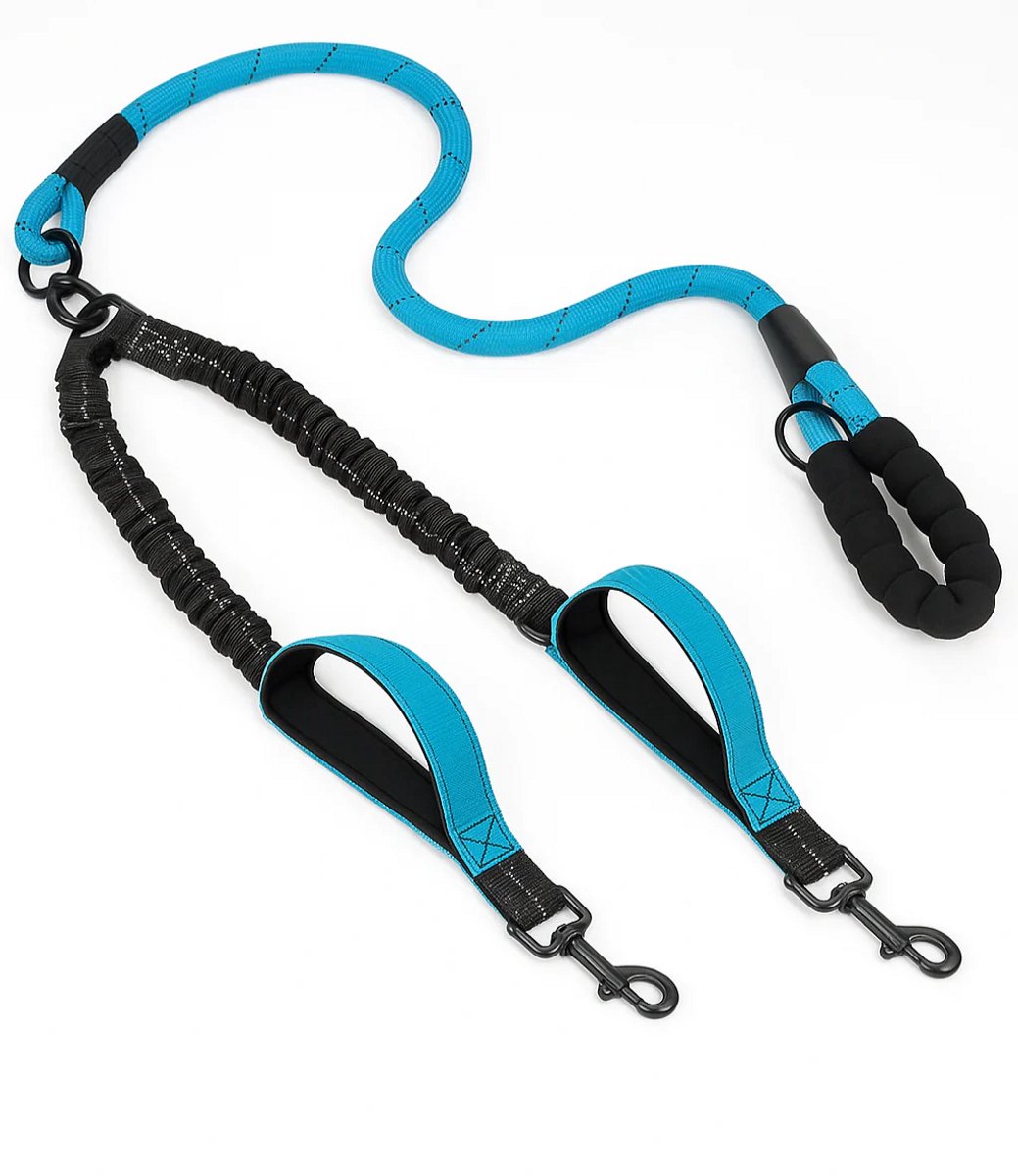 Adore Maison Anti-Knoop Hondenlijn voor 2 Honden – Elastisch – Comfort Handvat – Reflecterende Stiksels - Blauw