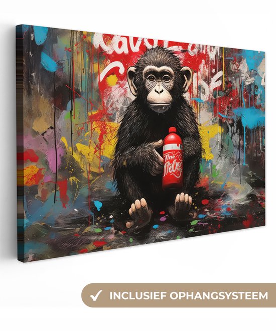Canvas schilderij 120x80 cm - Wanddecoratie Aap - Graffiti - Dieren - Kunst - Flesje - Kleuren - Muurdecoratie woonkamer - Slaapkamer decoratie - Kamer accessoires - Schilderijen op canvas