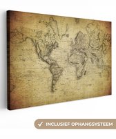 Canvas schilderij - Oude wereldkaart 120x80 - Kamer decoratie accessoires - Schilderijen wereld kaart woonkamer - Vintage world map wanddecoratie slaapkamer - Muurdecoratie keuken - Wanddoek interieur - Woondecoratie - Woonaccessoires