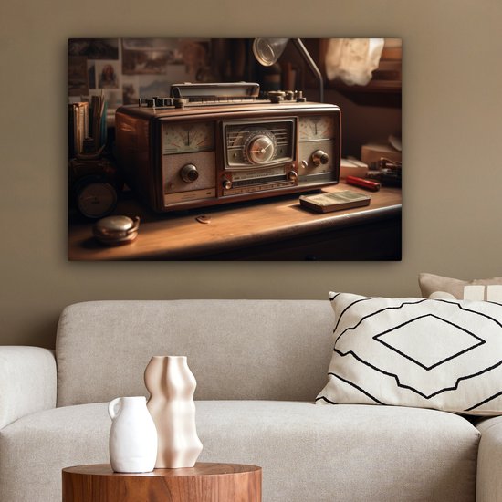 Tableau toile 60x40 cm - Décoration murale Vintage - Radio - Ancien - Bureau - Lampe - Décoration murale murale salon - Décoration chambre - Accessoires de chambre - Peintures