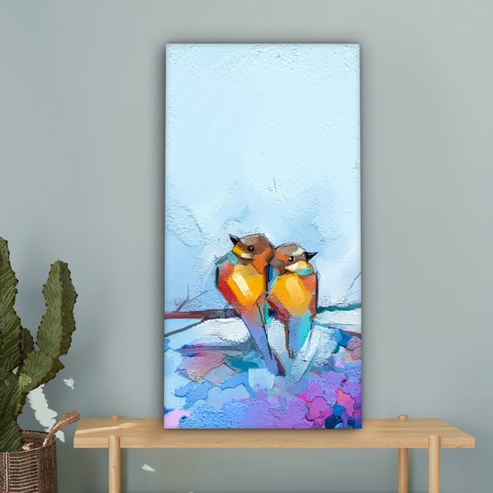 Toile - Peinture à l'huile - Vogels - Branche - Blauw - 40x80 cm - Décoration d'intérieur - Peintures sur toile