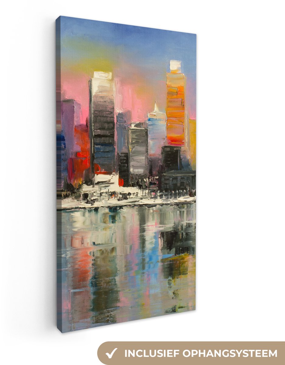 Canvas - Olieverf - Schilderij - Skyline - Boot - Water - Muurdecoratie - 40x80 cm - Wanddecoratie - schilderijen op canvas