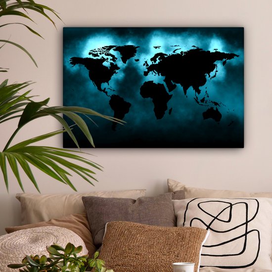 Carte du monde noire sur fond sombre aux couleurs bleues 90x60 cm