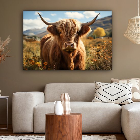 Canvas Schilderij 120x80 cm - Schotse hooglander - Dieren portret - Natuur - Dier - Wanddecoratie woonkamer - Kamer decoratie - Slaapkamer accessoires - Wanddoek binnen - Schilderijen