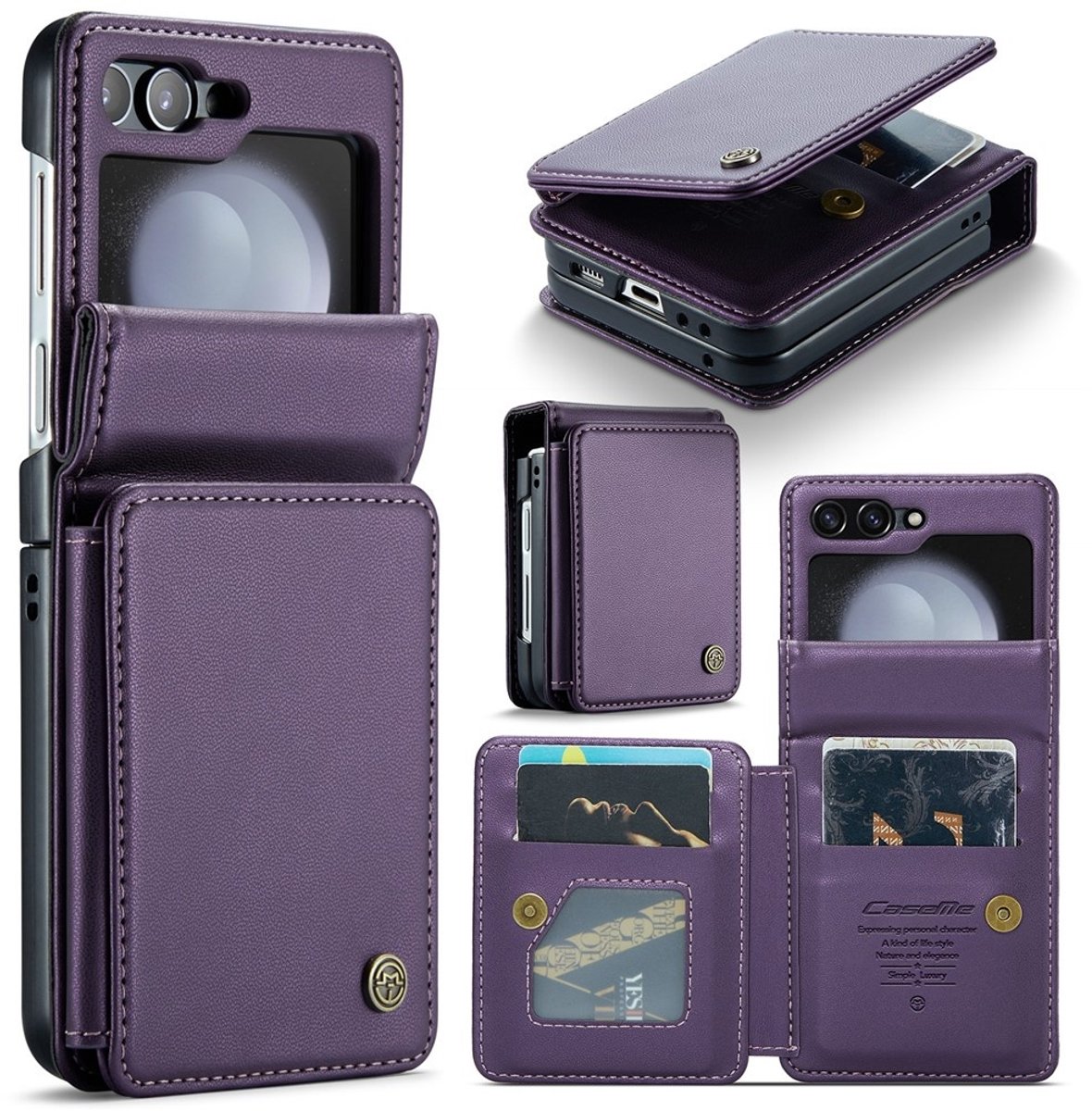 CaseMe Geschikt voor Samsung Galaxy Z Flip 7 FE / Z Flip6 PU Leren Backcover hoesje met kaarthouder - Paars