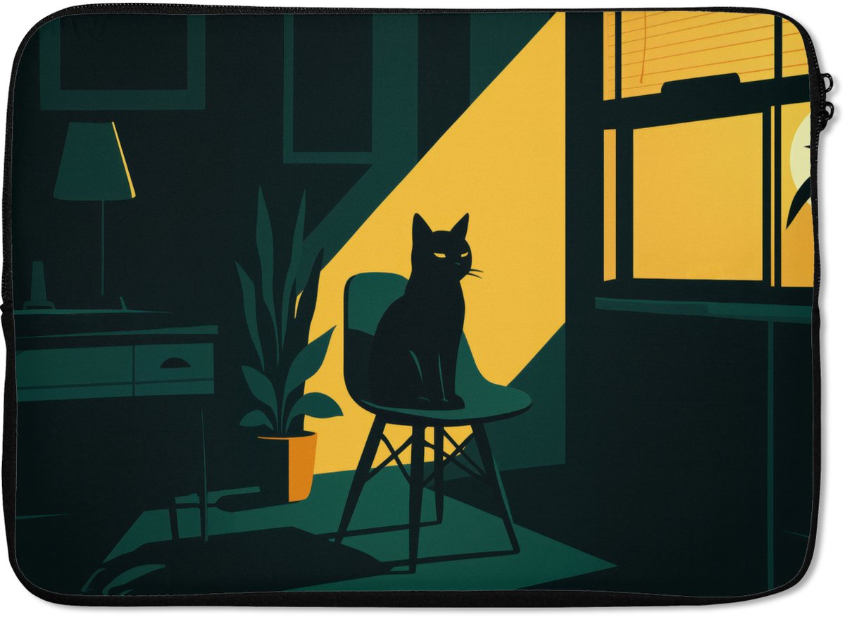 Laptophoes 14 inch - Zwarte kat - Mysterieus - Gele instraal - Laptop sleeve - Binnenmaat 33x23 cm - Zwarte achterkant