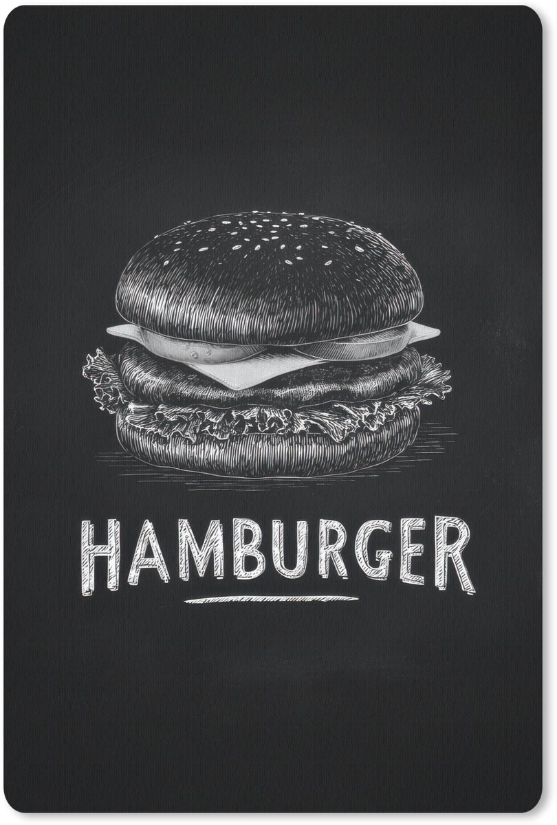 Muismat 18x27 cm - Mousepad Hamburger - Krijttekst - Zwart - Wit - Muismatten