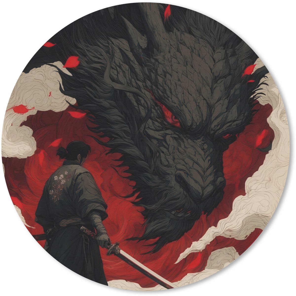 Muismat rond 30x30 cm - Mousepad Krijger - Draak - Zwart - Rood - Rook - Ronde muismatten