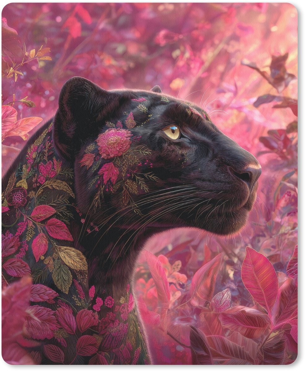 Muismat 19x23 cm - Mousepad Luipaard - Bloemen - Roze - Muismatten