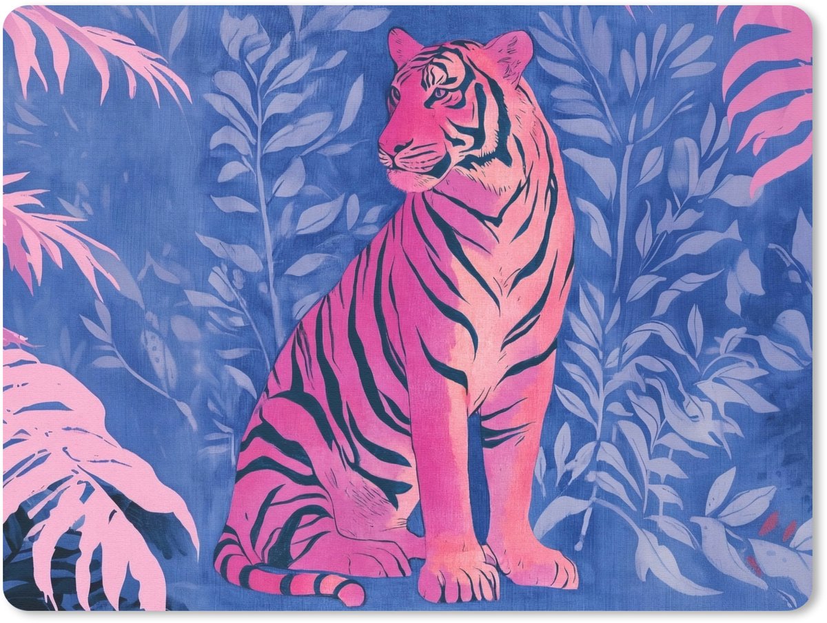 Muismat 23x19 cm - Mousepad Tijger - Roze - Bladeren - Jungle - Muismatten
