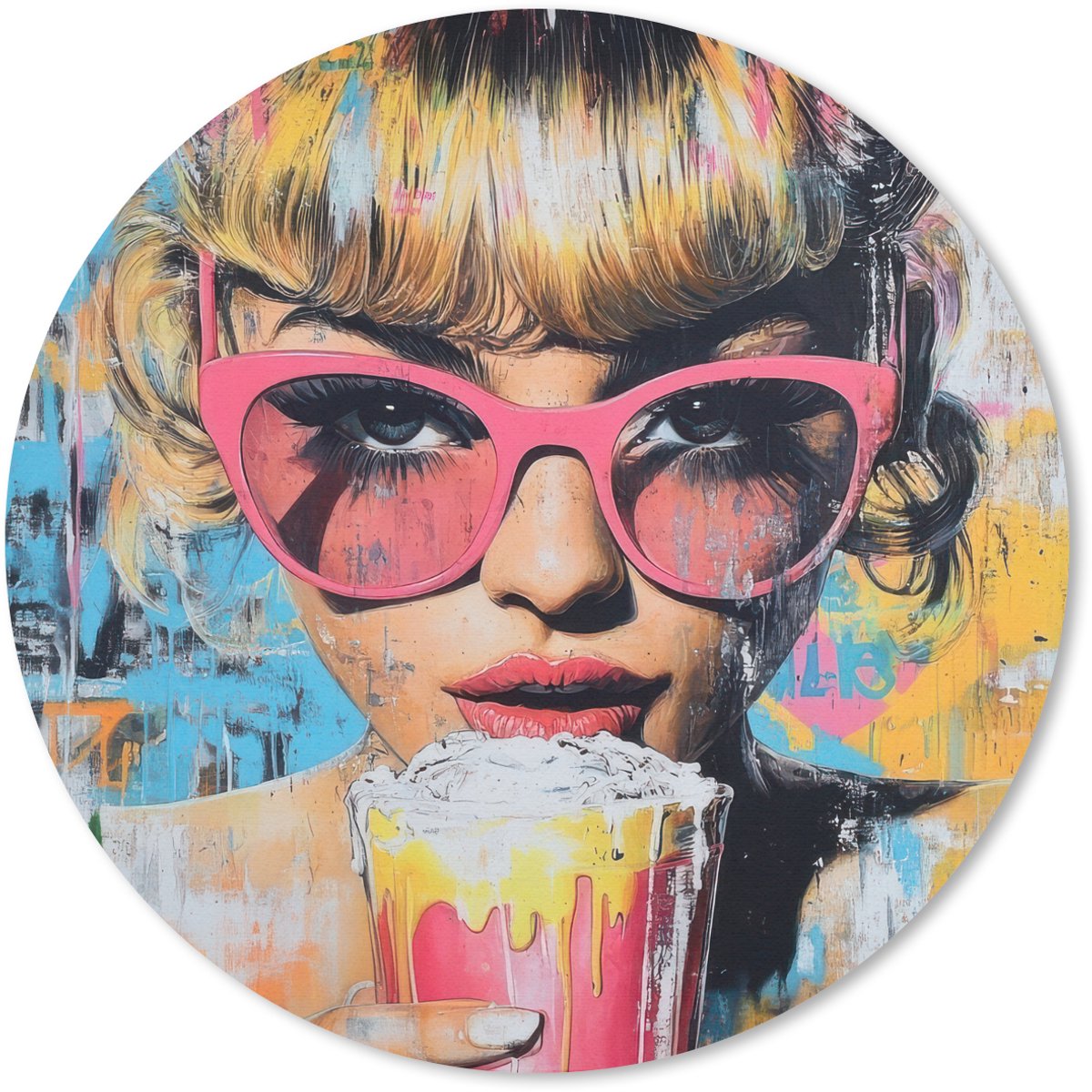 Muismat rond 30x30 cm - Mousepad Zonnebril - Vrouw - Kleurrijk - Verfspetters - Ronde muismatten
