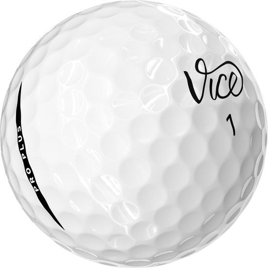 Witte golfbal met zwarte 'Vice' en 'Pro Plus' tekst, en cijfer 1.