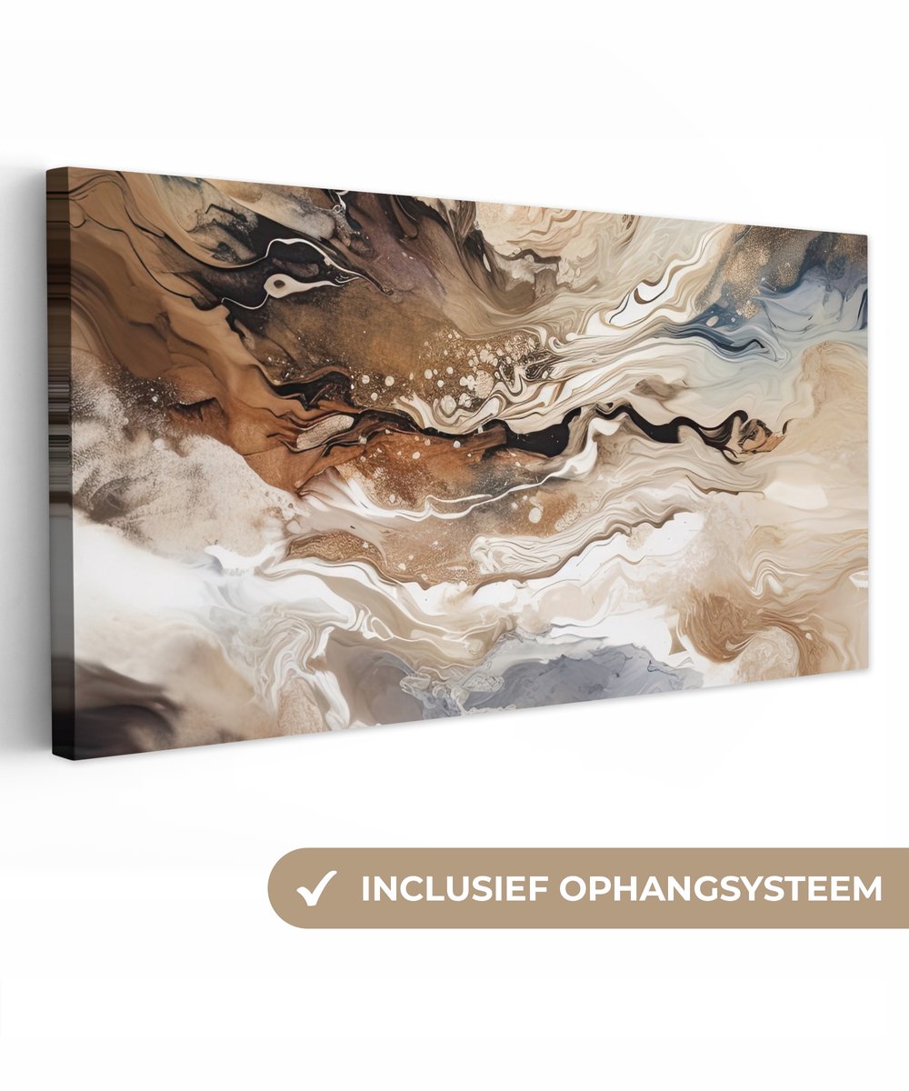 Canvas schilderij 200x100 cm - Wanddecoratie Abstract - Kunst - Verf - Beige - Modern - Muurdecoratie woonkamer - Kamer decoratie modern - Abstracte schilderijen