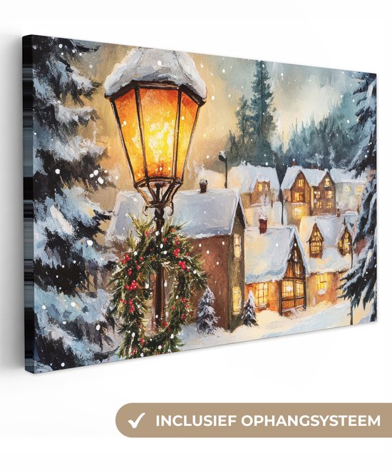 Canvas schilderij 140x90 cm - Wanddecoratie Kerstdorp - Huizen - Sneeuw - Kerst - Muurdecoratie woonkamer - Slaapkamer decoratie - Kamer accessoires - Schilderijen op canvas - Kerstdecoratie voor binnen - Kerstversiering - Kerstmis versiering