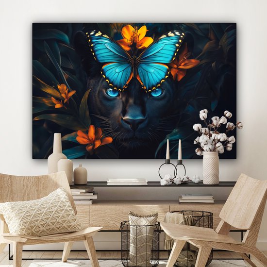 Peinture sur toile 120x80 cm - Décoration murale Panthère - Papillon - Blauw - Fleurs - Nature - Décoration murale murale salon - Décoration chambre - Accessoires de chambre - Peintures