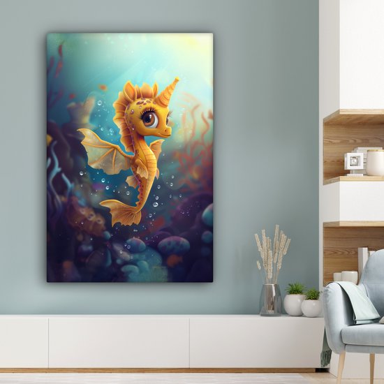 Tableau sur toile 80x120 cm - Décoration murale chambre d'enfant Hippocampe - Sous-marin - Animaux aquatiques - Océan - Décoration murale chambre bébé - Décoration chambre garçon et fille - Accessoires Bébé - Peintures