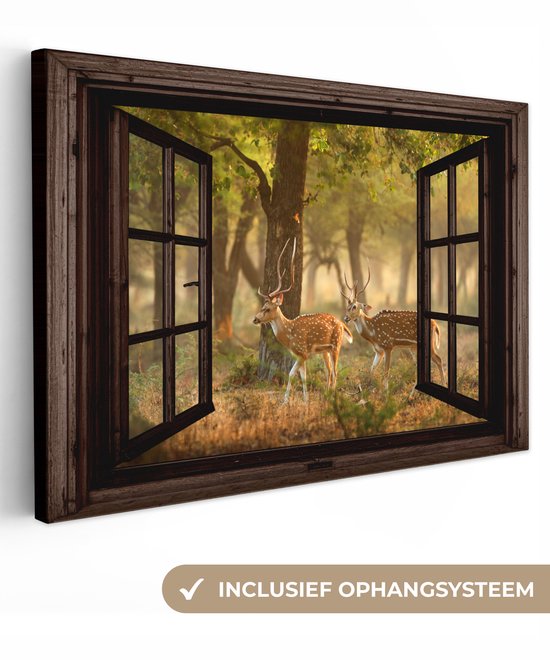 Peinture sur toile 120x80 cm - Décoration murale Cerf - Forêt - Automne - Animaux de la forêt - Nature - Cerf - Transparent - Décoration murale salon - Décoration chambre - Accessoires de chambre - Peintures