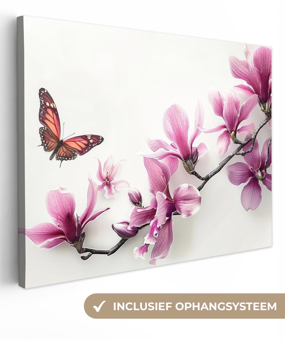 Canvas schilderij 40x30 cm - Wanddecoratie badkamer Bloesem - Vlinder - Roze - Natuur - Wi