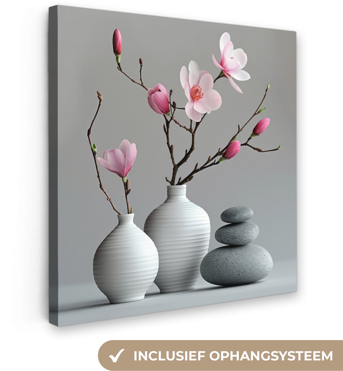 Canvas schilderij 90x90 cm - Wanddecoratie badkamer Magnolia - Bloemen - Roze - Zen stenen