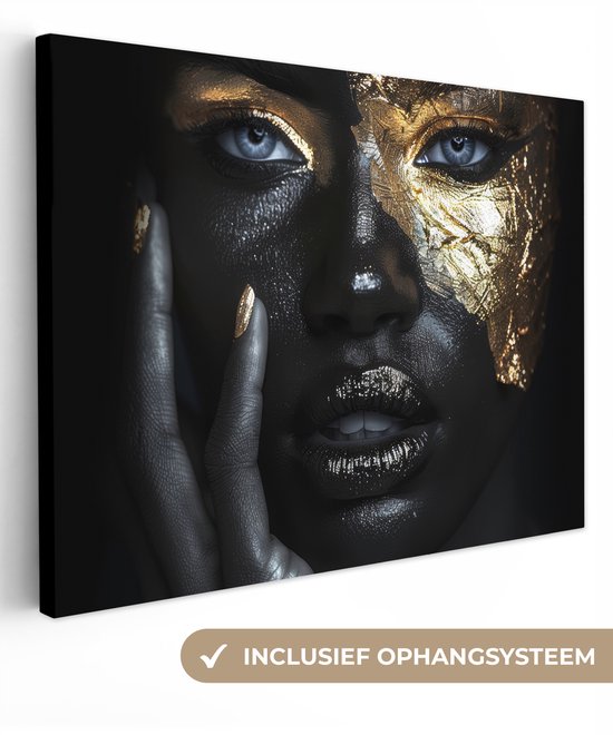 Canvas schilderij 120x90 cm - Wanddecoratie Vrouw - Goud - Portret - Modern - Zwart - Abstract - Muurdecoratie woonkamer - Kamer decoratie modern - Abstracte schilderijen