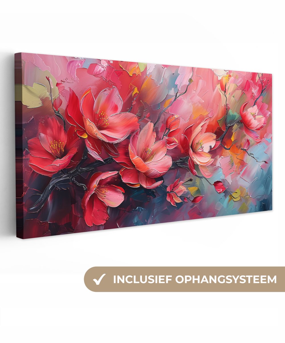 Canvas schilderij 80x40 cm - Wanddecoratie Bloemen - Roze - Natuur- Kunst - Abstract - Muurdecoratie woonkamer - Kamer decoratie modern - Abstracte schilderijen