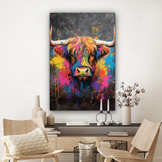 Peinture sur toile 80x120 cm - Décoration murale Graffiti - Highlander écossais - Vache - Coloré - Décoration murale murale salon - Décoration chambre - Accessoires de chambre - Peintures