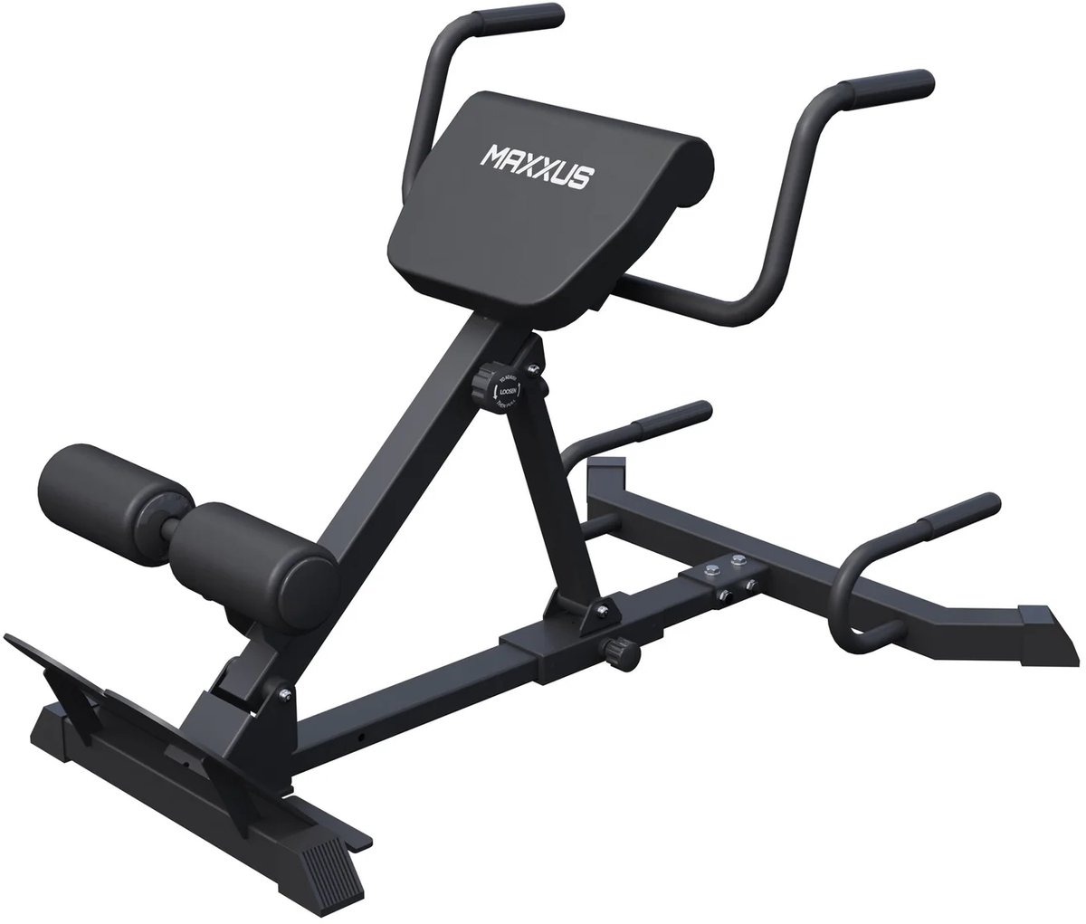 Maxxus Hyperextensie Deluxe – In 16 Stappen Verstelbaar – Max. 180 kg Belastbaar – Push-Up Handgrepen – Antislip Voetsteunen – Zwart