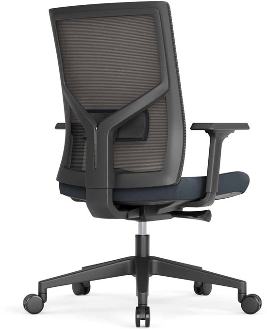 Zwarte bureaustoel met stoffen zitting en mesh rugleuning.