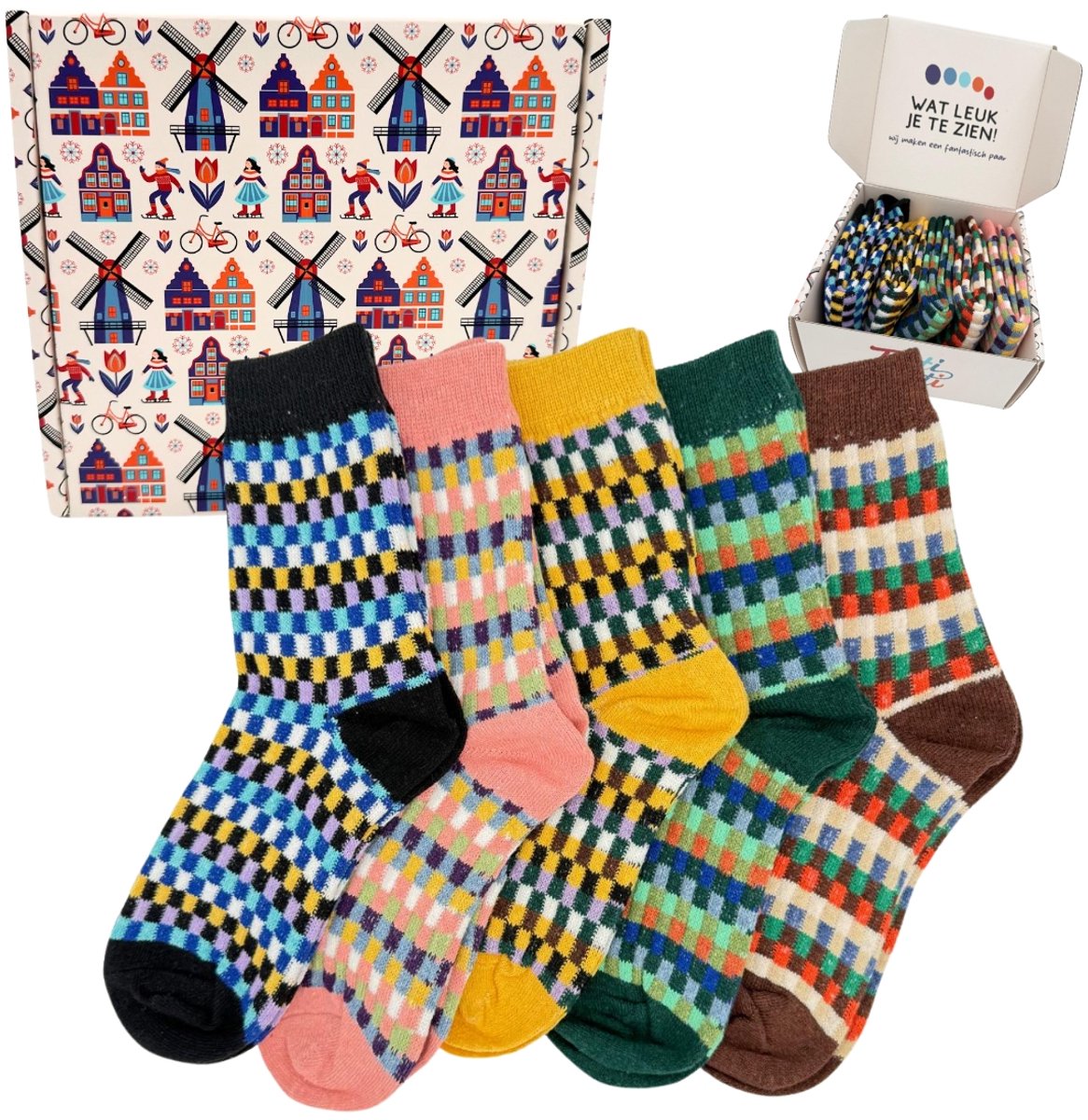 Tutti Footi - Vintage Winter Sokken Set 'Skadi' - 5 paar dames sokken Maat 35-39 - Blokjes Design, Diverse kleuren, Wol