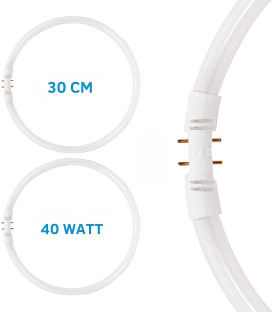 Twee witte cirkelvormige TL-buizen; één van 30 cm en één van 40 Watt, met 2 contactpunten.
