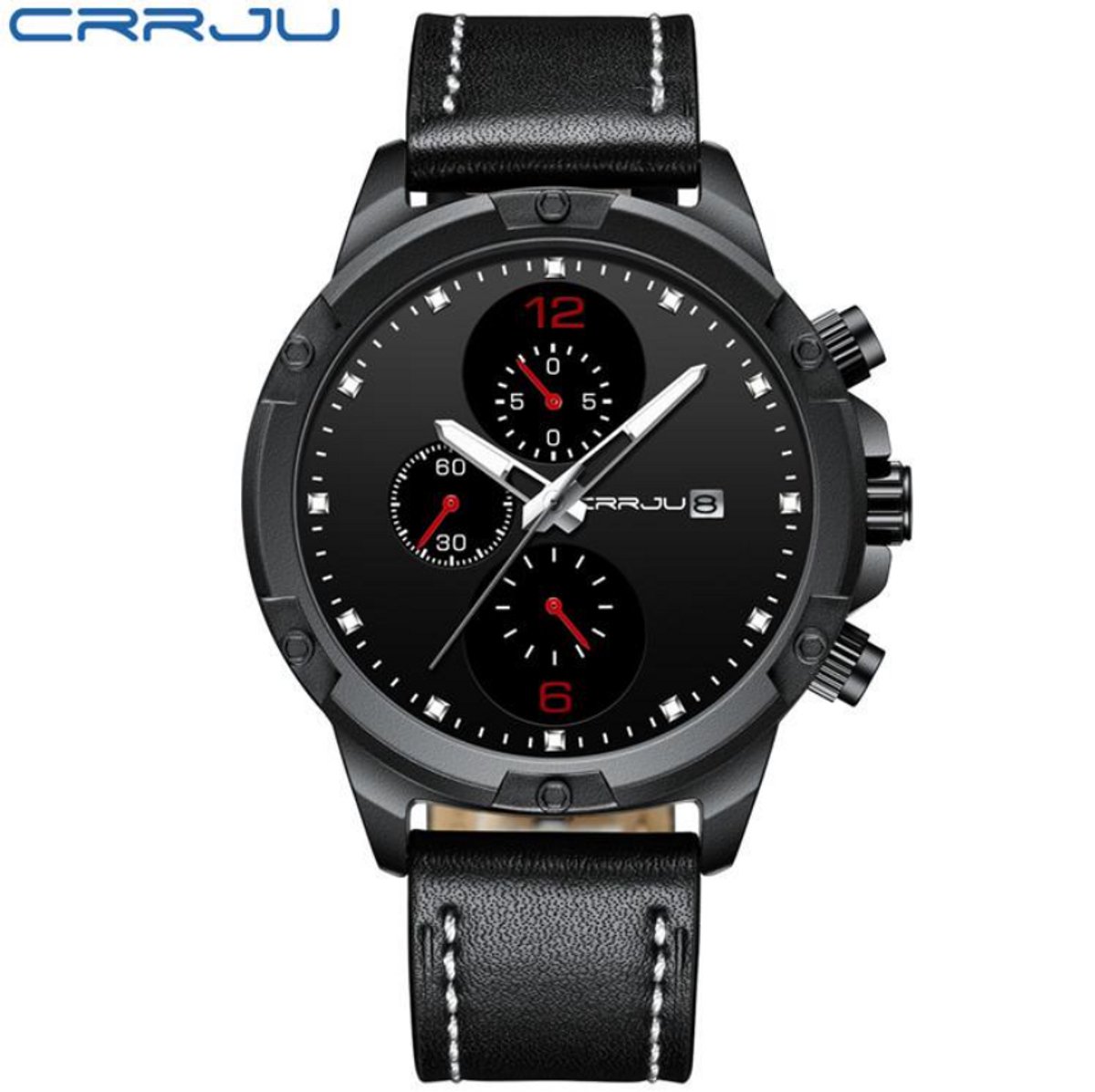 CRRJU Horloge 2142 - Zwart Rood - Heren - Quartz - 40 mm - Ronde Kast - Leren Band - Chronograaf - Waterbestendig - Sportief - Stoer - Casual