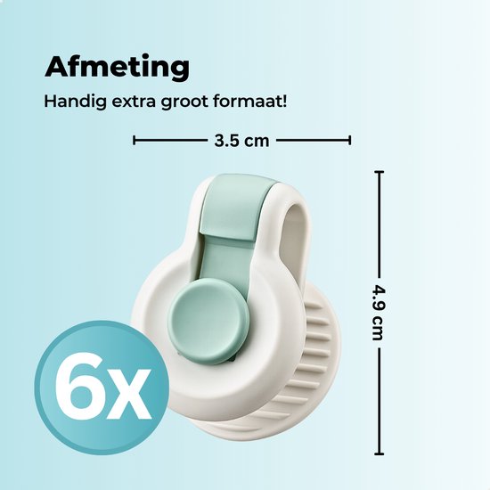 Witte en mintgroene clip, 6 stuks, afmeting 3.5 x 4.9 cm.