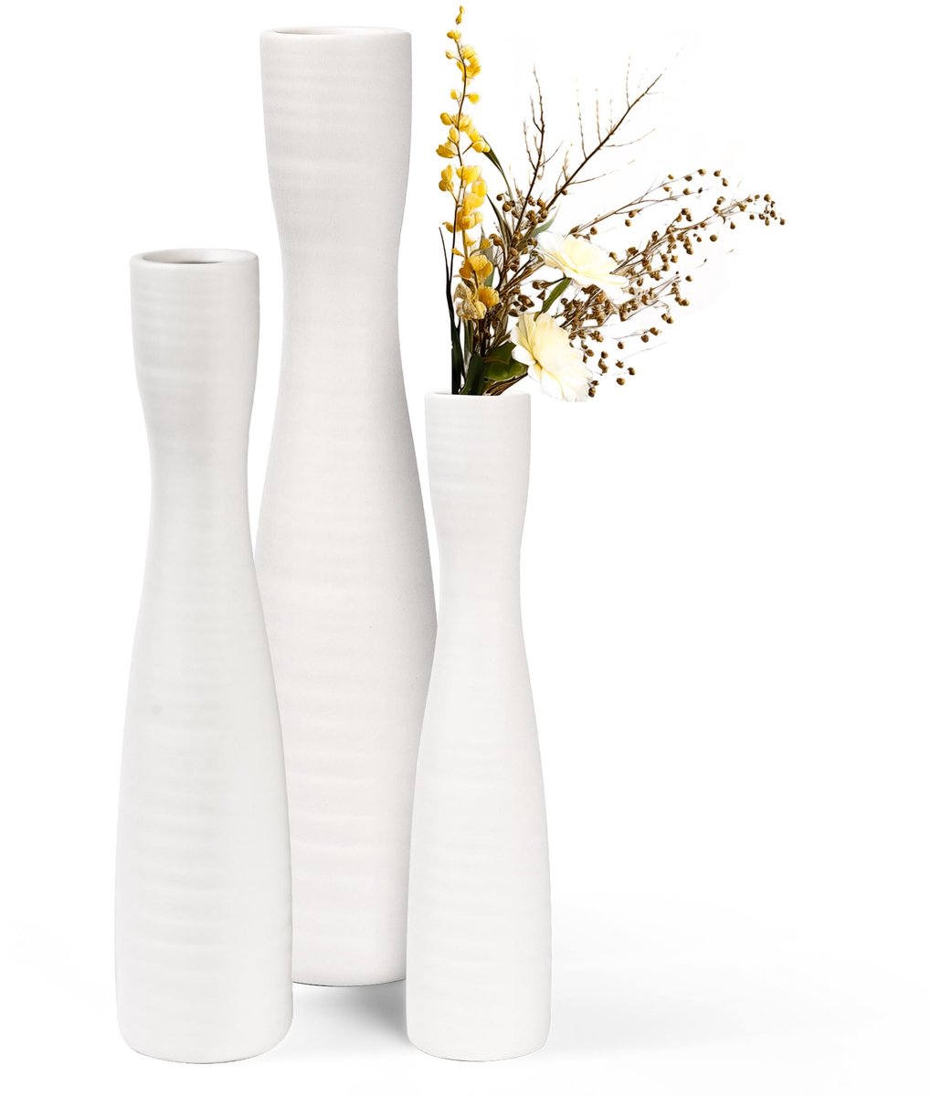 Unyqoos Set van drie moderne witte keramische vazen voor bloemen en decoratie