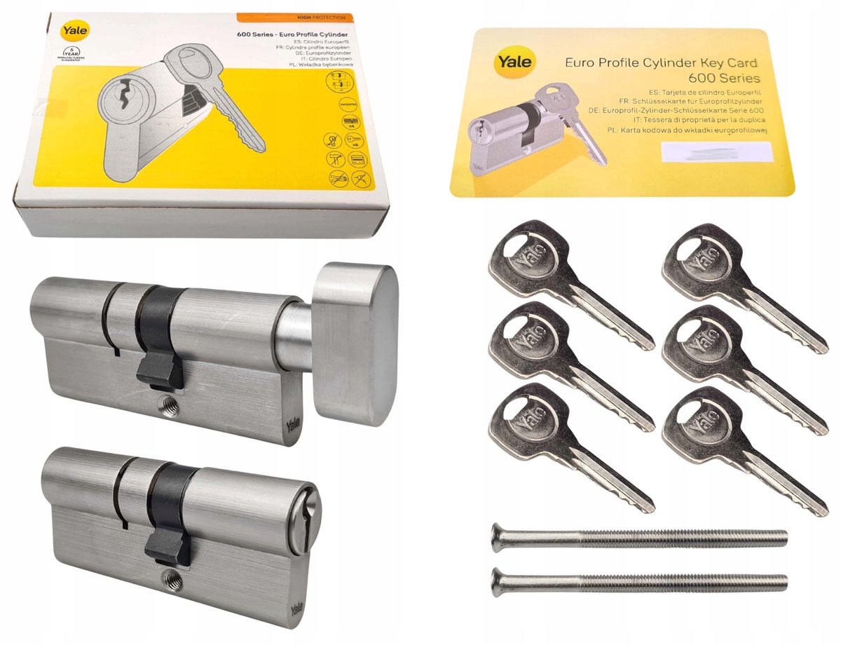 Yale Y600 Cilinderslotset 30+40mm Nikkel met knop, 6 sleutels