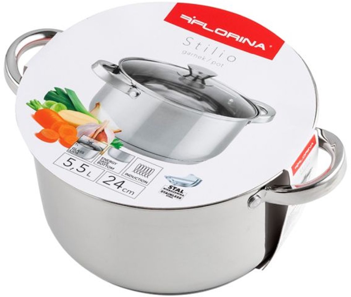 Florina Stilio RVS Pan 5.5L, 24cm met Glazen Deksel