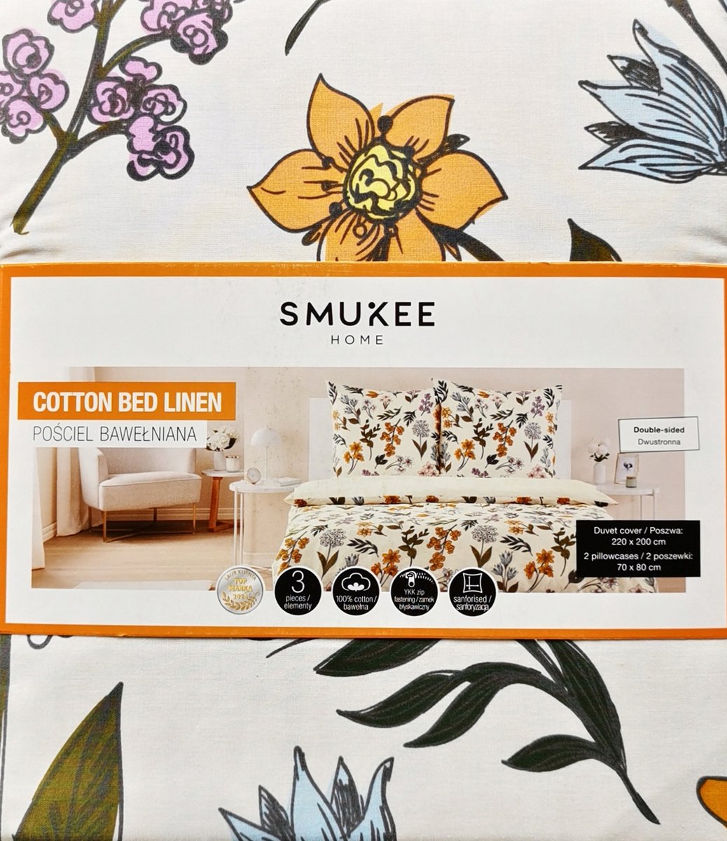 Smukee Home Katoenen Dekbedovertrek Set 220x200cm Bloemig Crème
